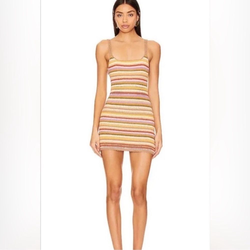 Olive & Oak Colorful Pastel Stripe Crochet Knit Stretch Tank Mini Dress Size L